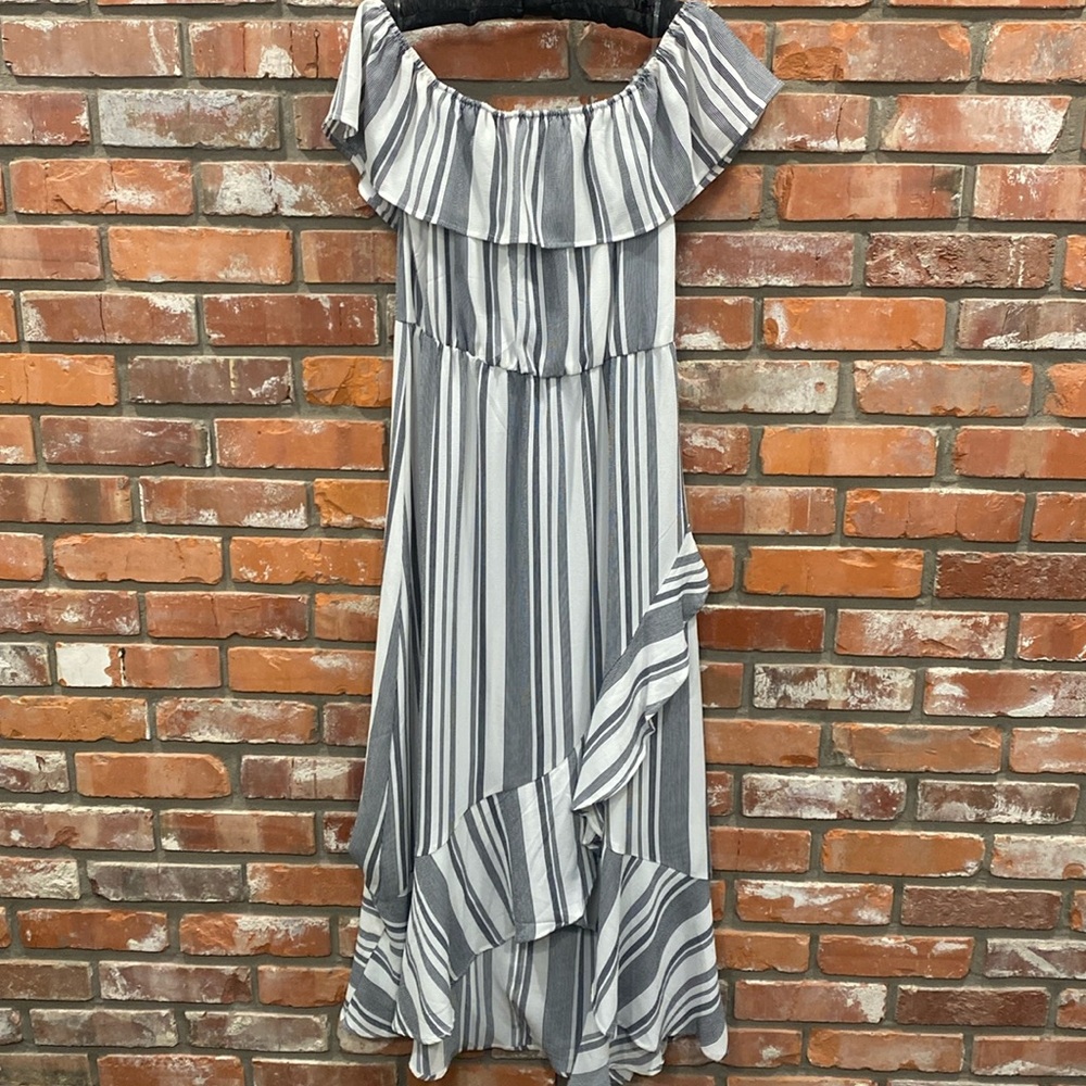 Bailey Blue Striped Off Shoulder Maxi Ruffle Hem Coastal Dress